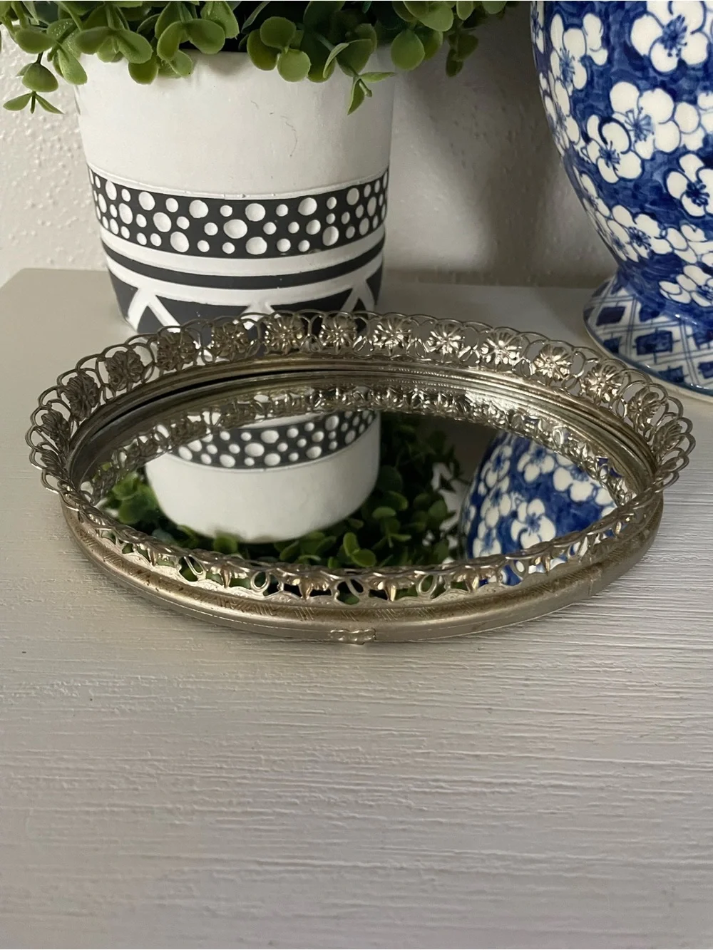 Vintage Oval Hollywood Regency Gold metal mirror vanity trinket tray